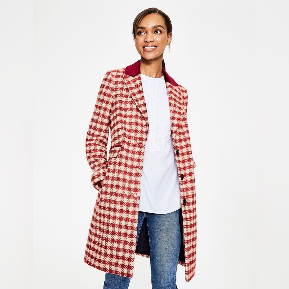 Boden Eastbourne Wool Blend Houndstooth Coat Red Cream UK 14L / US 10L - Picture 2 of 16
